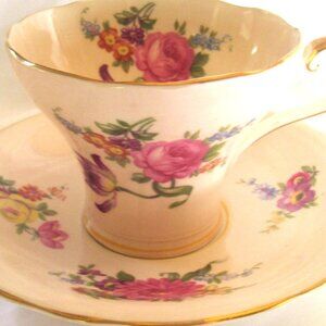 Aynsley Tea Cup and Saucer, Soft Beige and Spring Floral,  Corset Shape,   H28
